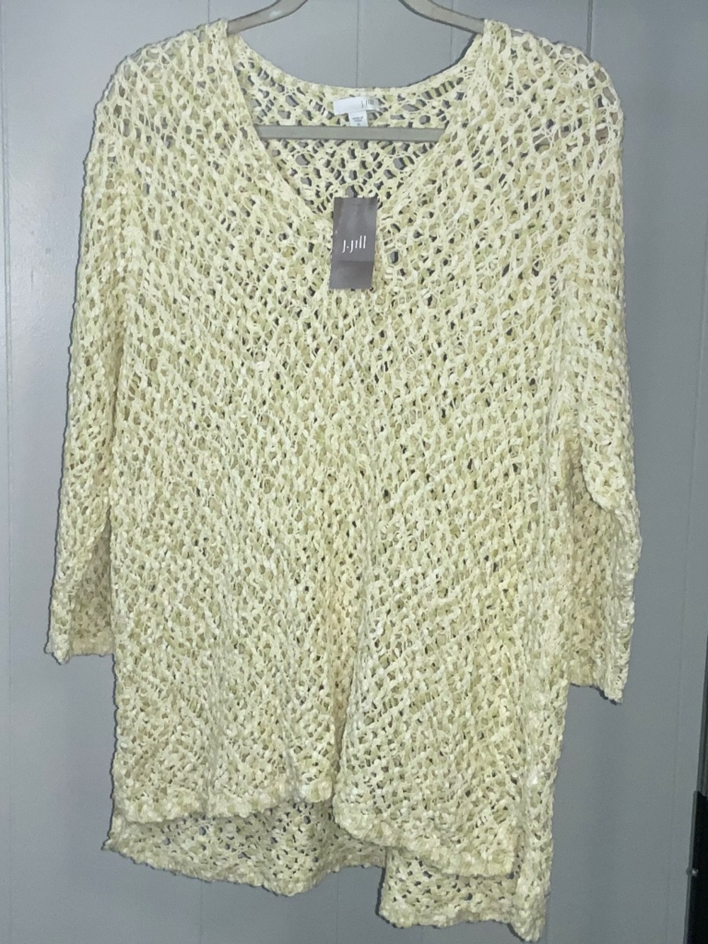 J. Jill open knit V neck cotton crochet sweater Sz XL New cream lime green
